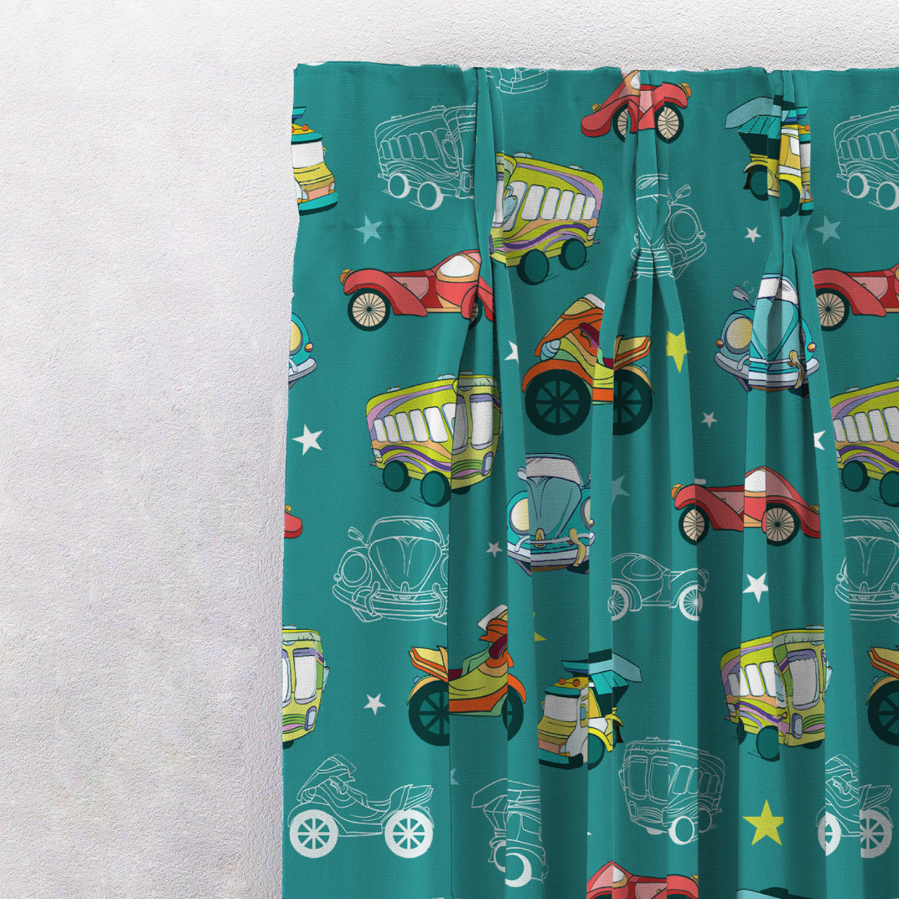 Vroom Vroom Fun Kids Mint Green Heavy Satin Room Darkening Curtains Set Of 2 - (DS252A)