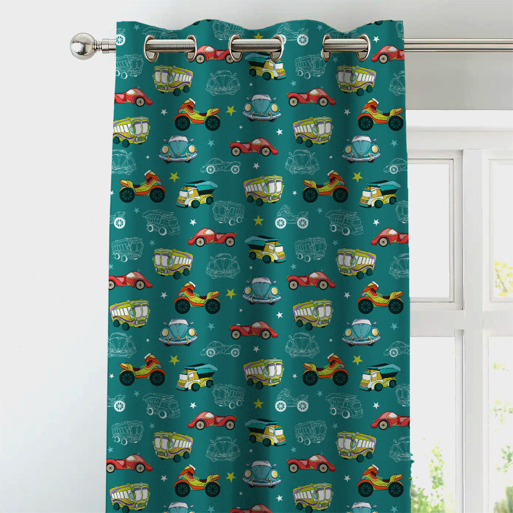 Vroom Vroom Fun Kids Mint Green Heavy Satin Room Darkening Curtains Set Of 2 - (DS252A)