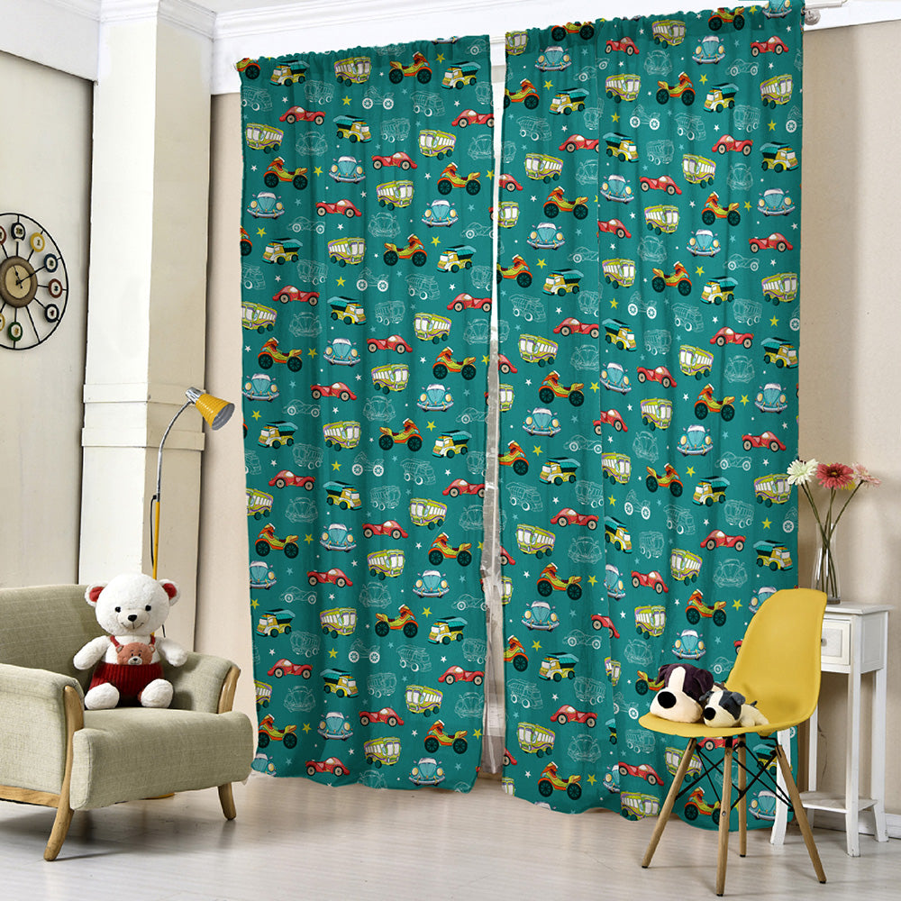 Vroom Vroom Fun Kids Mint Green Heavy Satin Room Darkening Curtains Set Of 2 - (DS252A)
