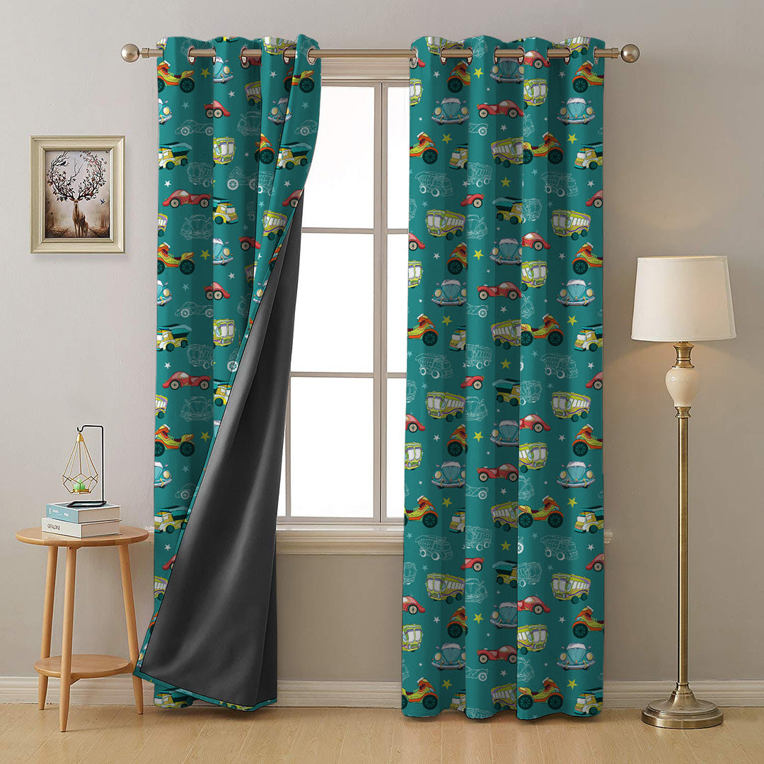 Vroom Vroom Fun Kids Mint Green Heavy Satin Room Darkening Curtains Set Of 2 - (DS252A)
