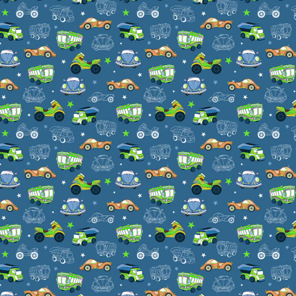 Vroom Vroom Fun Kids Slate Blue Heavy Satin Room Darkening Curtains Set Of 2 - (DS252B)