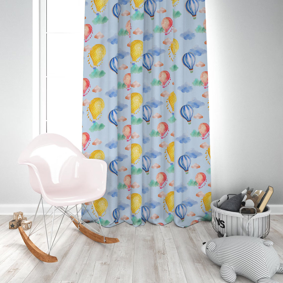 Balloon Rides Kids Sky Blue Heavy Satin Room Darkening Curtains Set Of 2 - (DS253B)