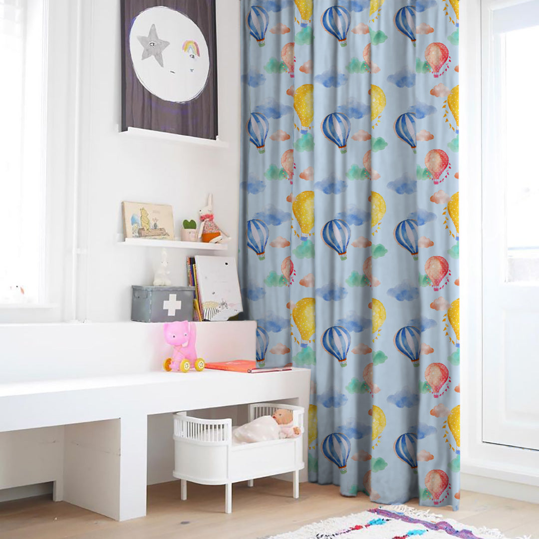 Balloon Rides Kids Sky Blue Heavy Satin Room Darkening Curtains Set Of 2 - (DS253B)