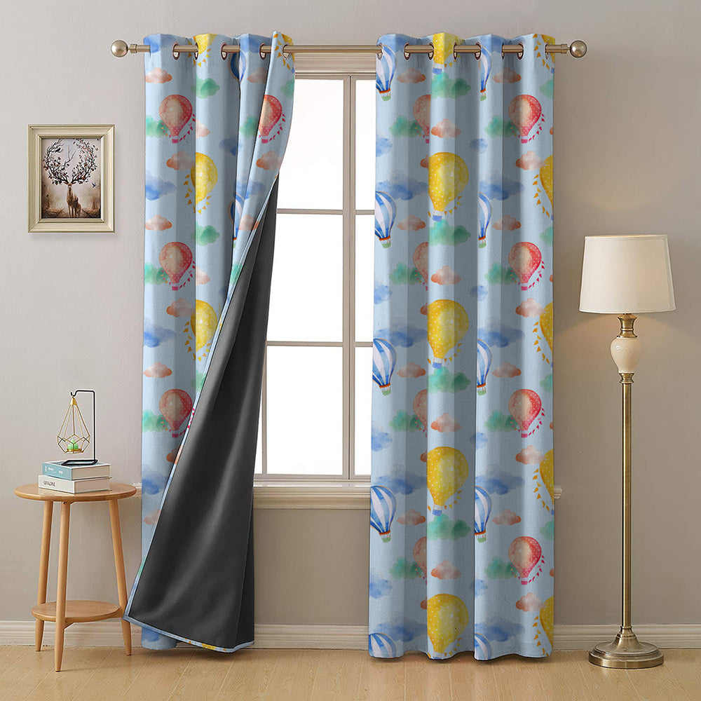 Balloon Rides Kids Sky Blue Heavy Satin Room Darkening Curtains Set Of 2 - (DS253B)