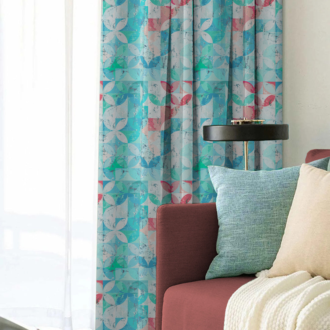 Artful Tiles Geometric Teal Heavy Satin Room Darkening Curtains Set Of 2 - (DS254B)
