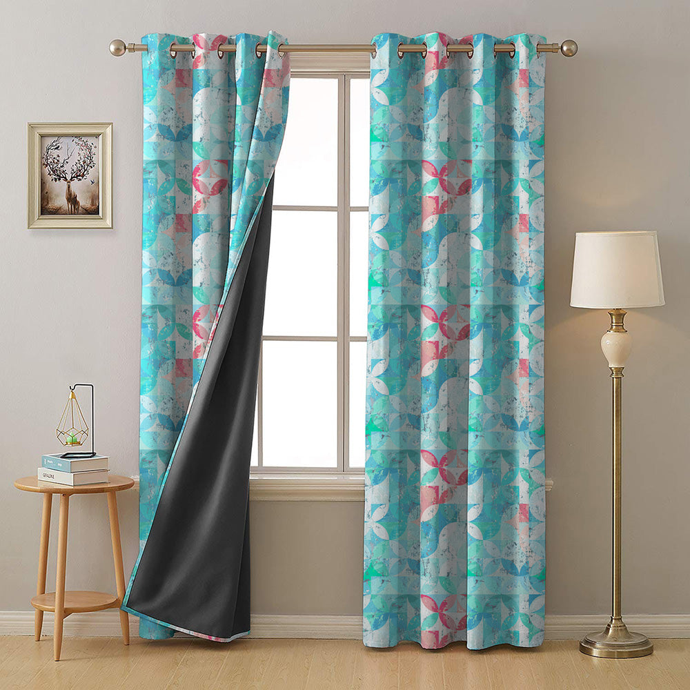 Artful Tiles Geometric Teal Heavy Satin Room Darkening Curtains Set Of 2 - (DS254B)