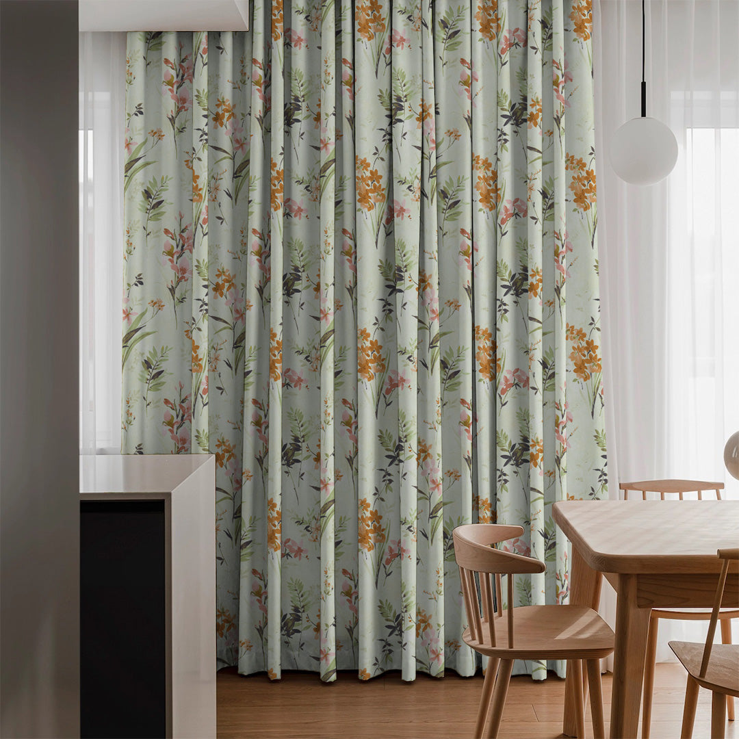 Lovely Lavender Floral Tea Green Heavy Satin Room Darkening Curtains Set Of 2 - (DS260D)