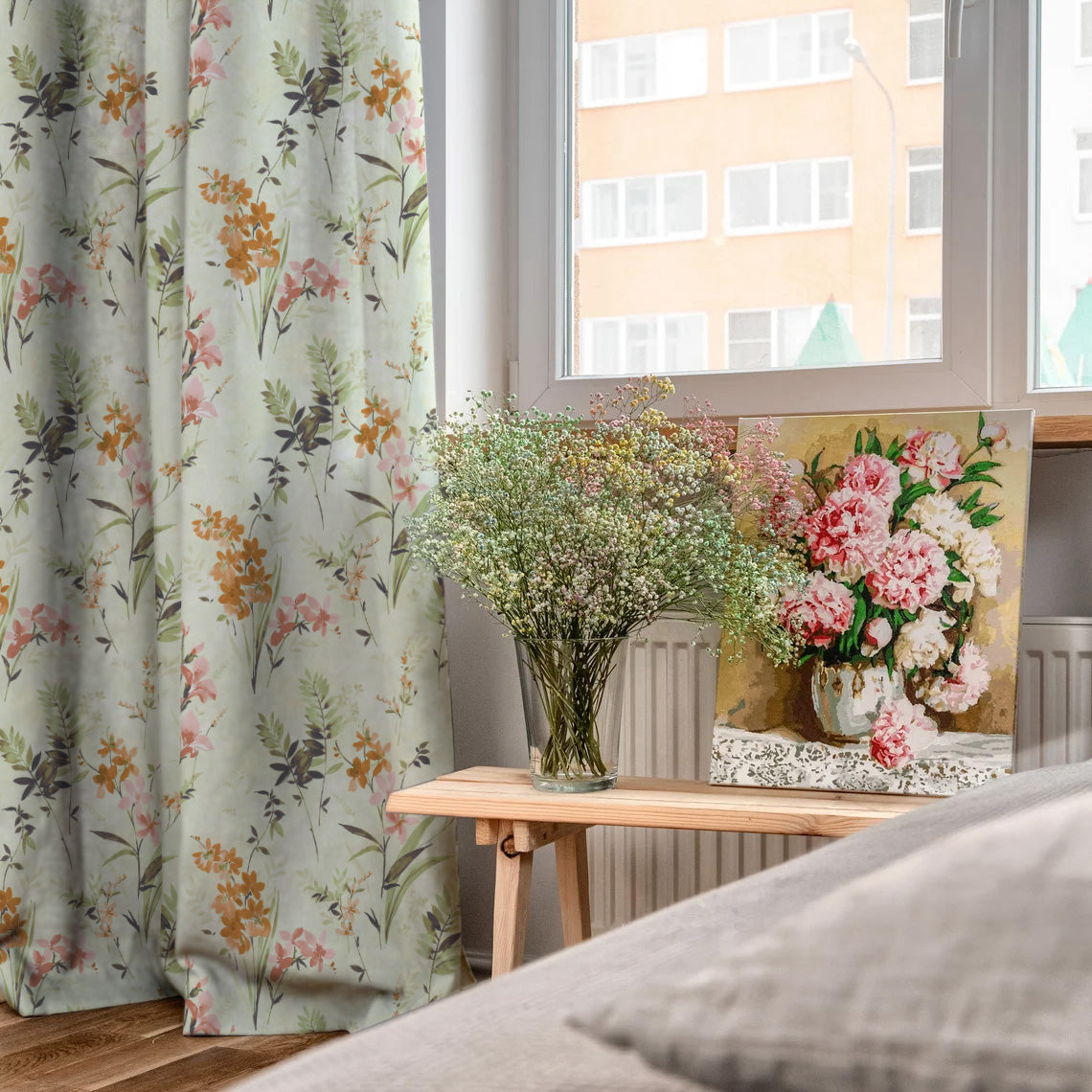 Lovely Lavender Floral Tea Green Heavy Satin Room Darkening Curtains Set Of 2 - (DS260D)
