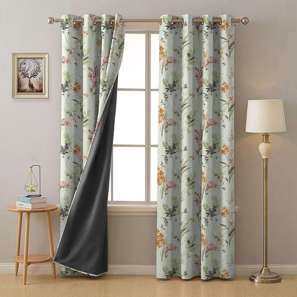 Lovely Lavender Floral Tea Green Heavy Satin Room Darkening Curtains Set Of 2 - (DS260D)
