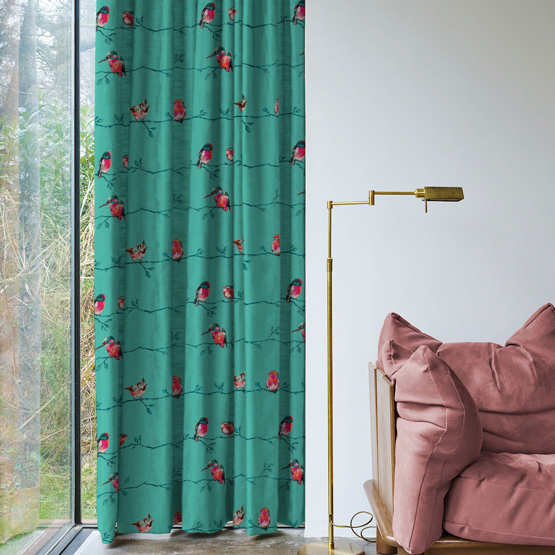 Vine Charm Floral Turquoise Heavy Satin Room Darkening Curtains Set Of 2 - (DS261A)