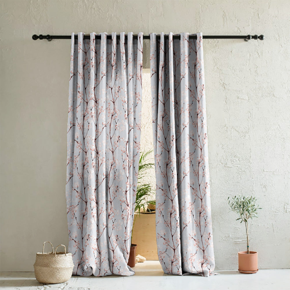 Cherry Charm Floral Soft Pink Heavy Satin Room Darkening Curtains Set Of 2 - (DS263A)
