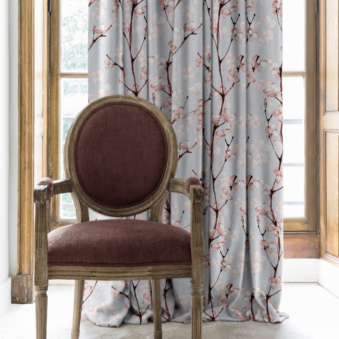 Cherry Charm Floral Soft Pink Heavy Satin Room Darkening Curtains Set Of 2 - (DS263A)