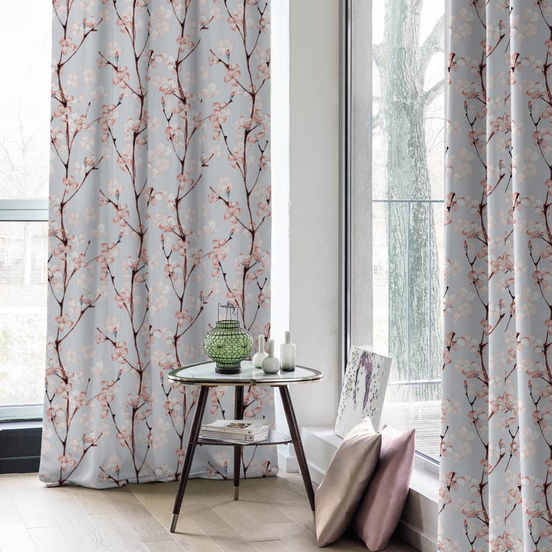 Cherry Charm Floral Soft Pink Heavy Satin Room Darkening Curtains Set Of 2 - (DS263A)