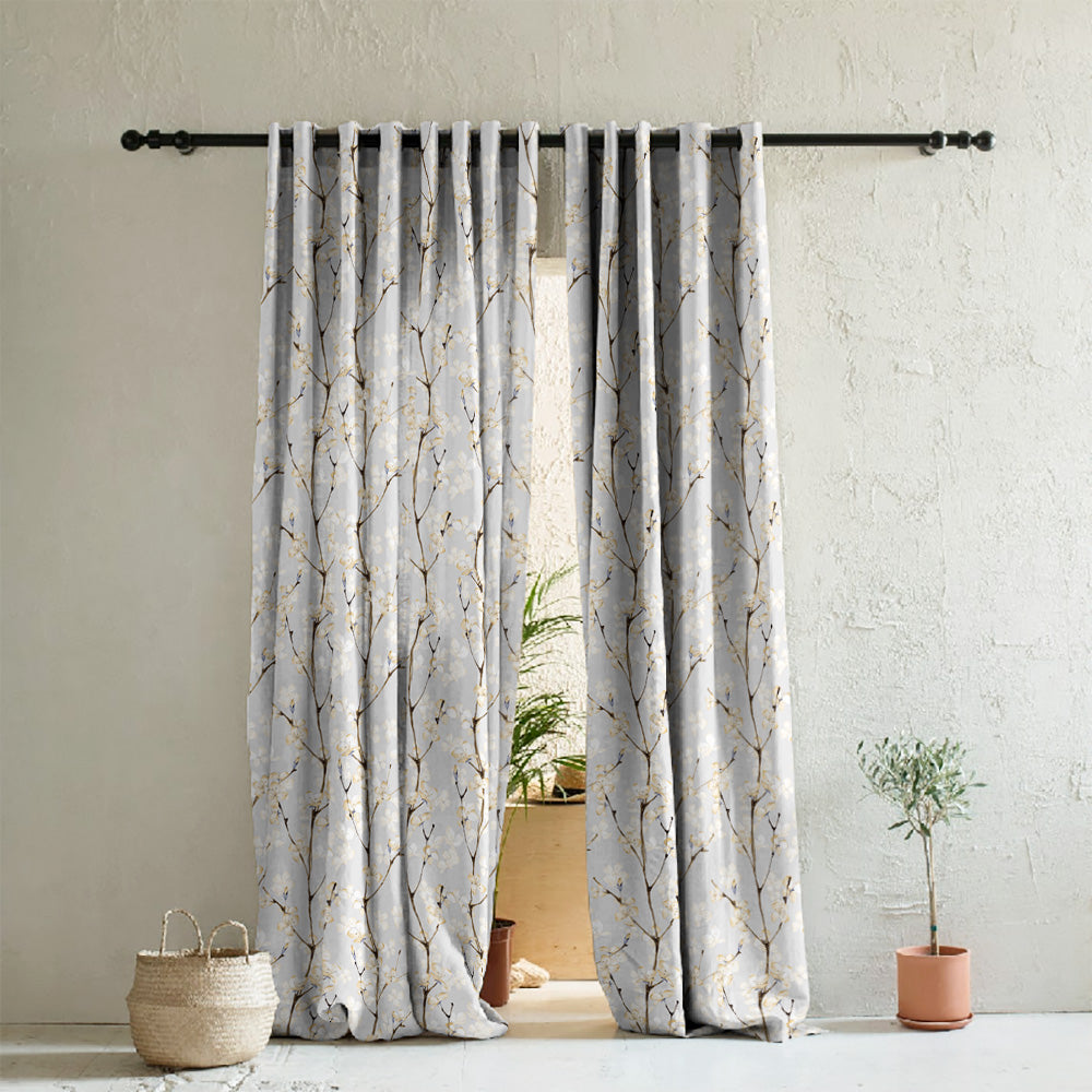Cherry Charm Floral Pastel Yellow Heavy Satin Room Darkening Curtains Set Of 2 - (DS263B)