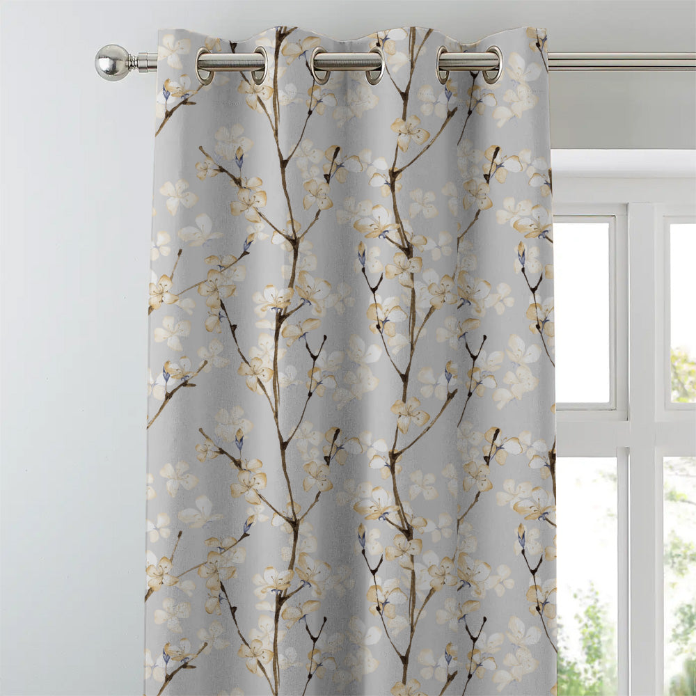 Cherry Charm Floral Pastel Yellow Heavy Satin Room Darkening Curtains Set Of 2 - (DS263B)