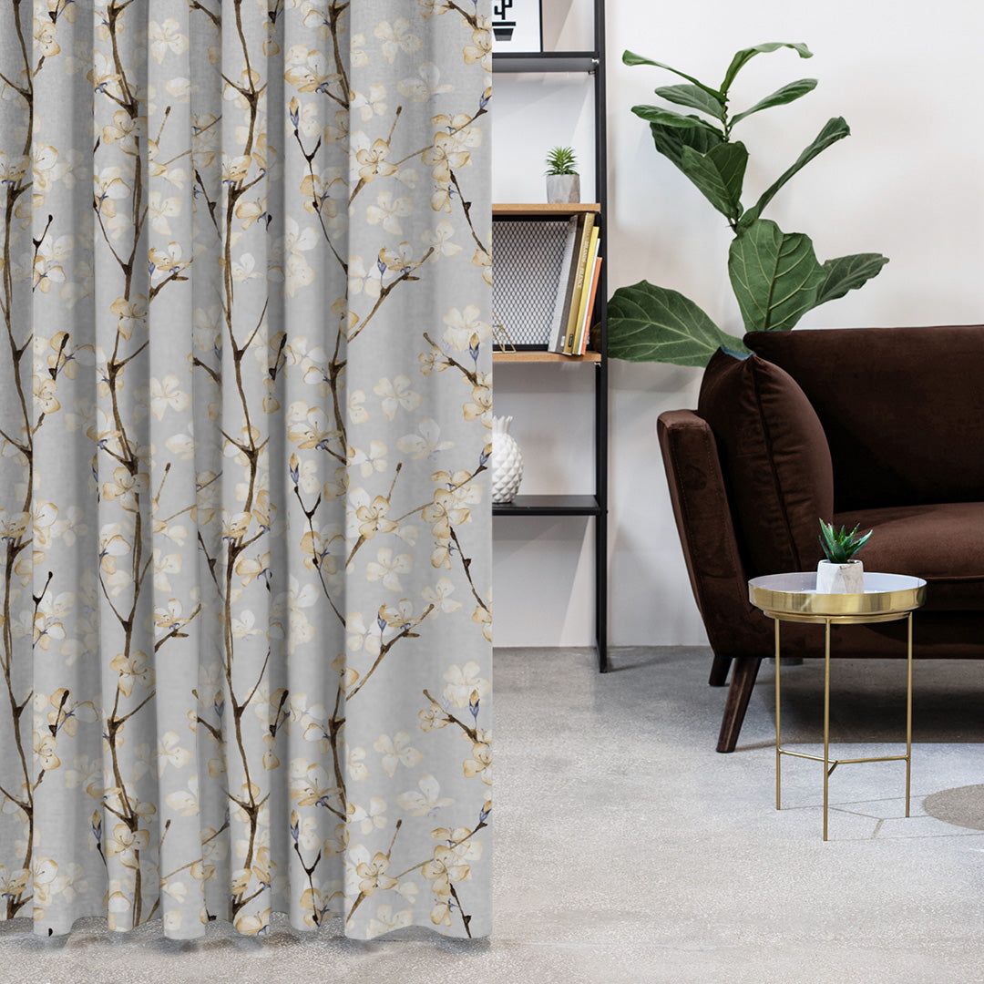 Cherry Charm Floral Pastel Yellow Heavy Satin Room Darkening Curtains Set Of 2 - (DS263B)
