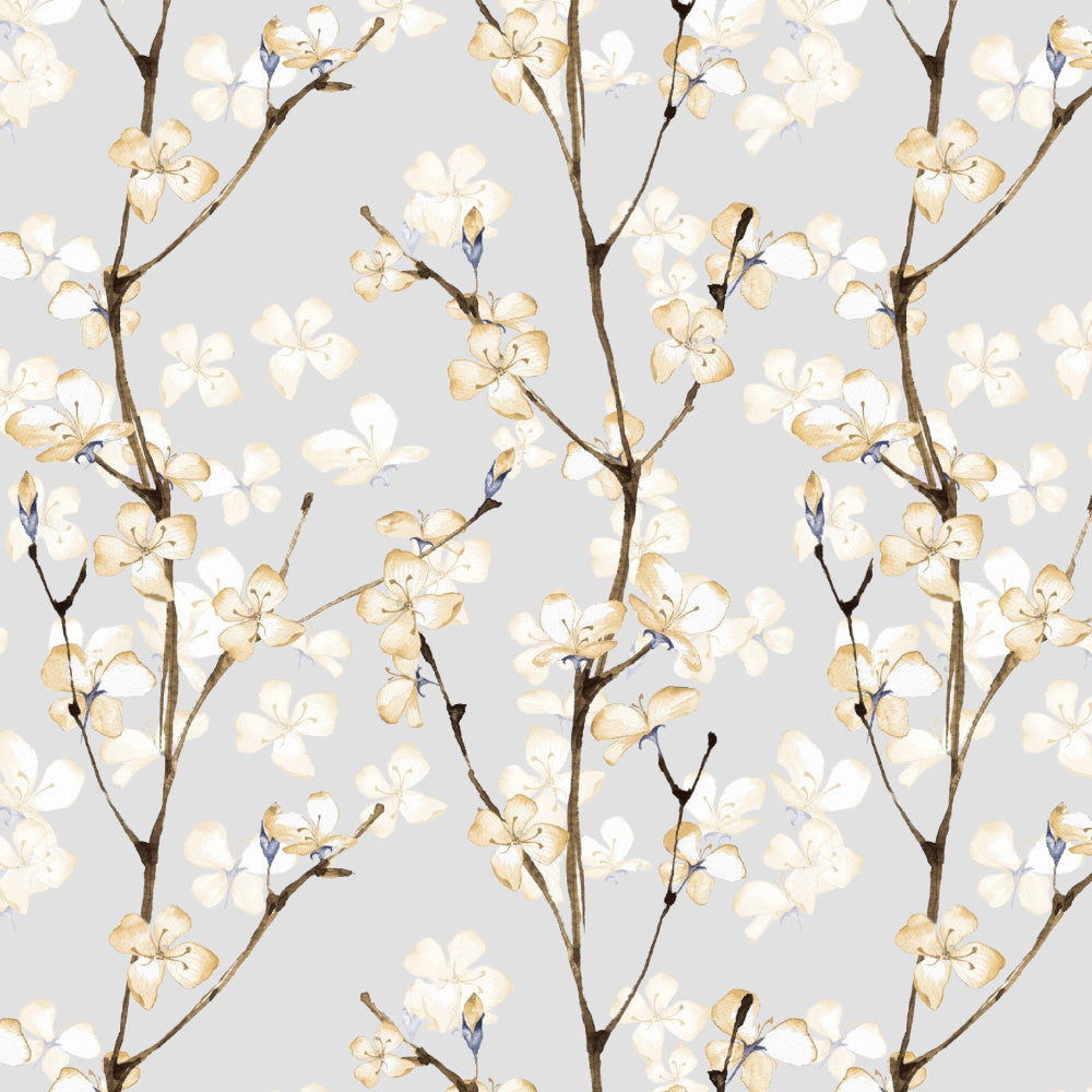 Cherry Charm Floral Pastel Yellow Heavy Satin Room Darkening Curtains Set Of 2 - (DS263B)
