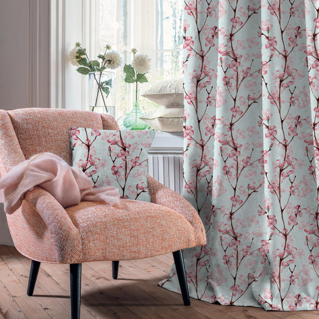 Cherry Charm Floral Pastel Red Heavy Satin Room Darkening Curtains Set Of 2 - (DS263E)