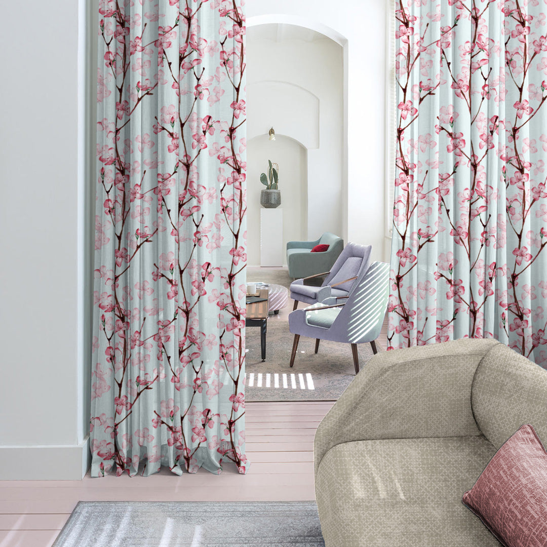 Cherry Charm Floral Pastel Red Heavy Satin Room Darkening Curtains Set Of 2 - (DS263E)
