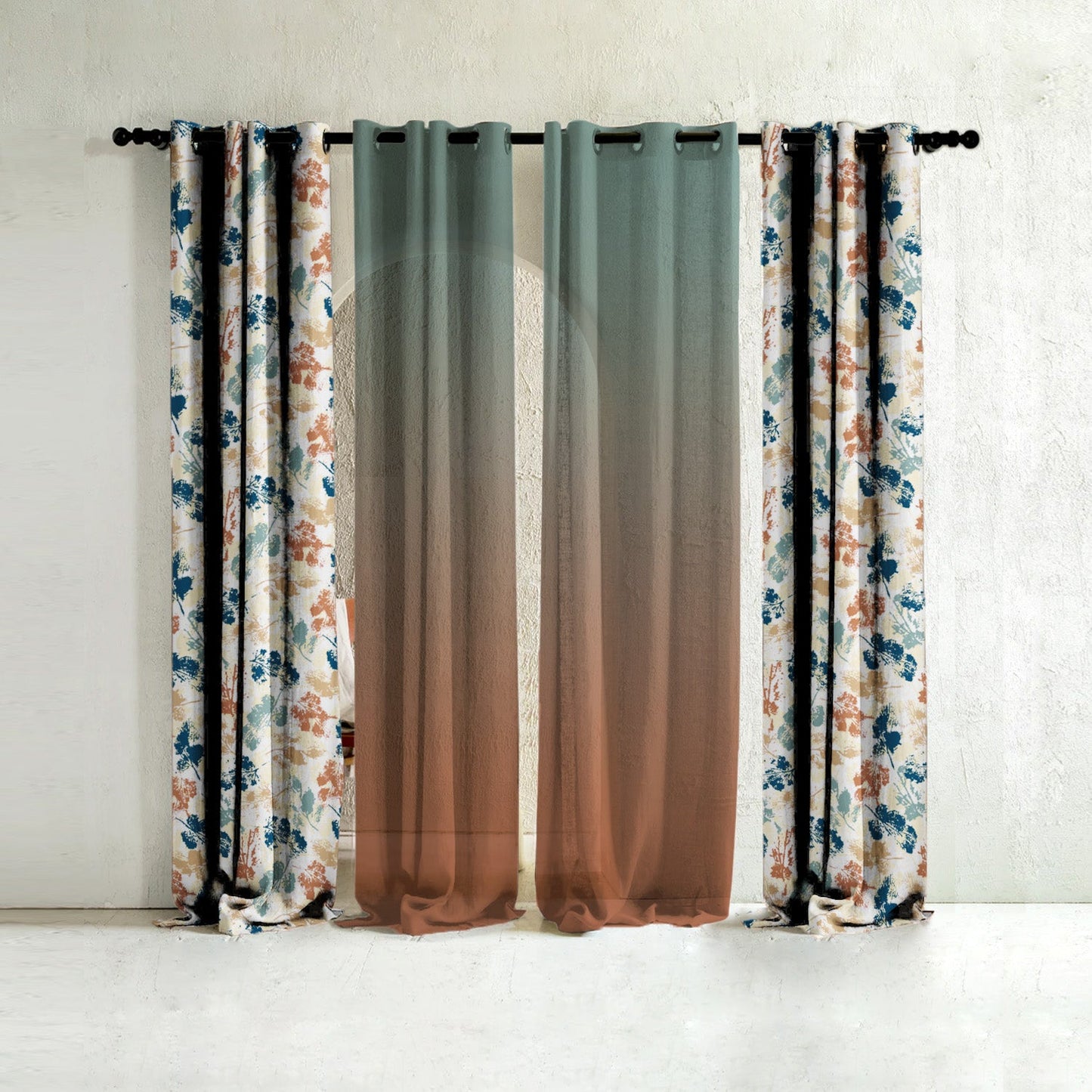Chromatic Meadows Digital Print Room Darkening & Sheer Combination Curtains Set Of 4 - (271DOMBRE27)