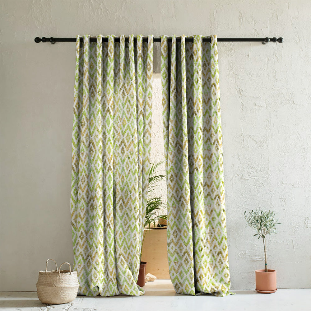 Chromatic Ikat Geometric Grass Green Heavy Satin Room Darkening Curtains Set Of 2 - (DS276A)