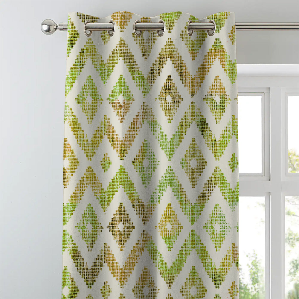 Chromatic Ikat Geometric Grass Green Heavy Satin Room Darkening Curtains Set Of 2 - (DS276A)