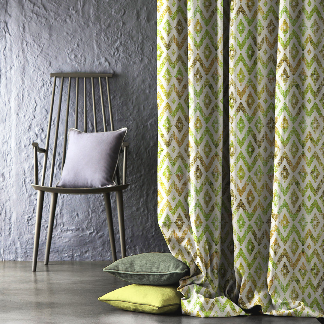 Chromatic Ikat Geometric Grass Green Heavy Satin Room Darkening Curtains Set Of 2 - (DS276A)