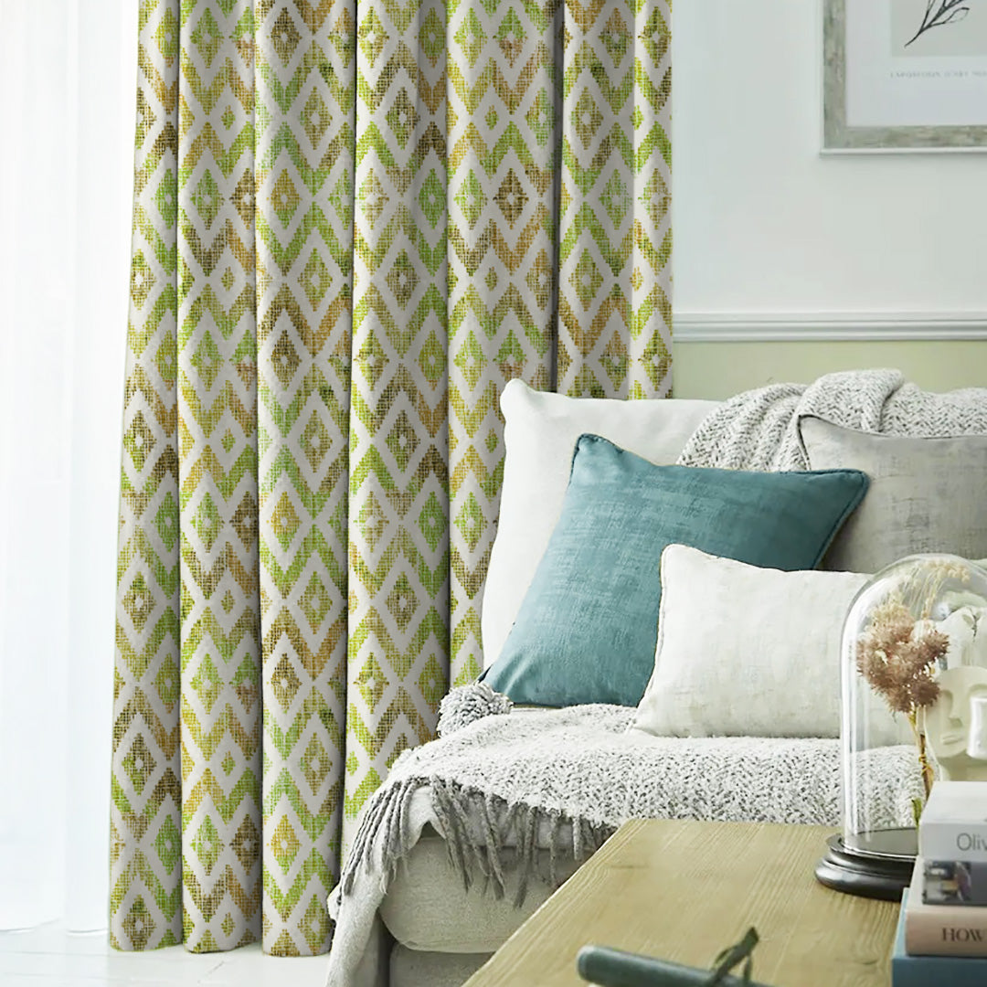 Chromatic Ikat Geometric Grass Green Heavy Satin Room Darkening Curtains Set Of 2 - (DS276A)