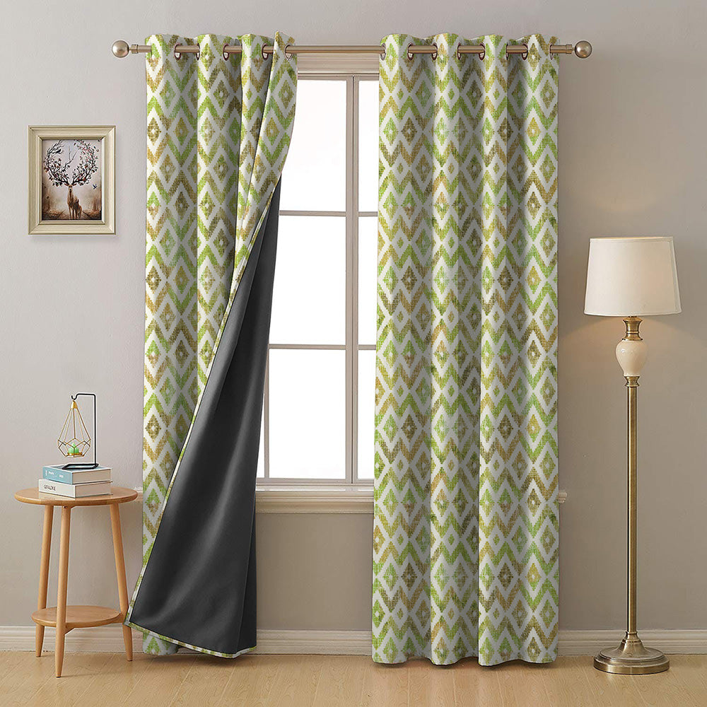 Chromatic Ikat Geometric Grass Green Heavy Satin Room Darkening Curtains Set Of 2 - (DS276A)