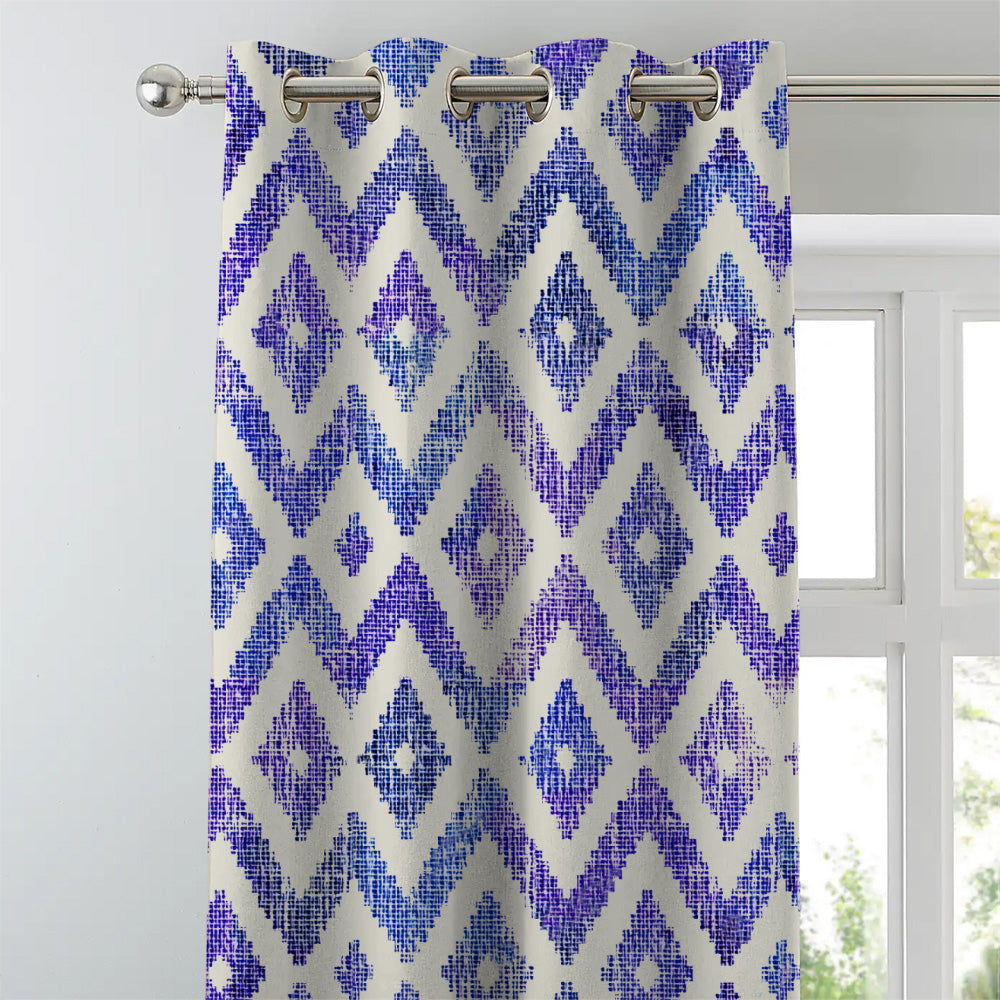 Chromatic Ikat Geometric Classic Blue Heavy Satin Room Darkening Curtains Set Of 2 - (DS276B)