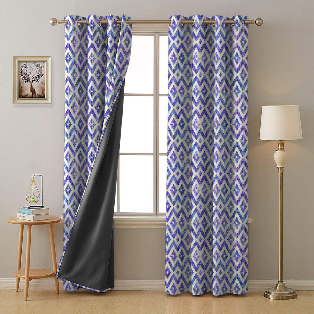 Chromatic Ikat Geometric Classic Blue Heavy Satin Room Darkening Curtains Set Of 2 - (DS276B)