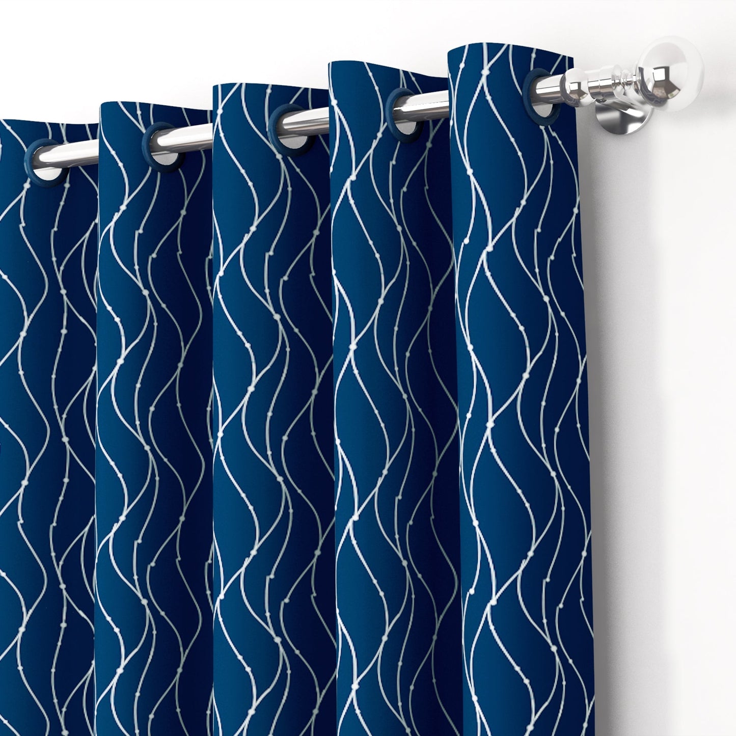2 Pcs Blackout Foil Blue & Silver Curvy Line Dots Window/Door/Long Door Curtains