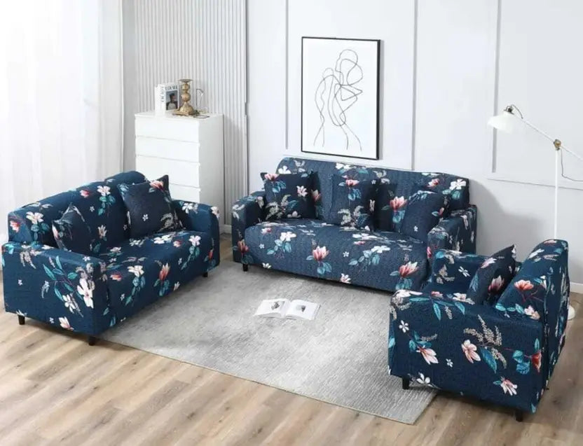 L Shape Sofa Cover- Floral Blue - Luxury Quality Strechable & Dust-proof Sofa Cover