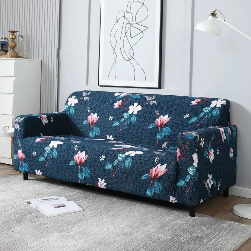 L Shape Sofa Cover- Floral Blue - Luxury Quality Strechable & Dust-proof Sofa Cover