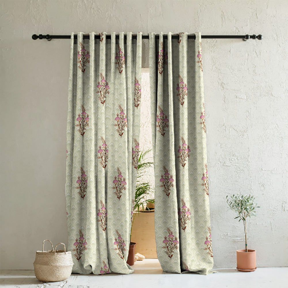 Mystical Meadows Floral Soft Pink Heavy Satin Room Darkening Curtains Set Of 2 - (DS343E)