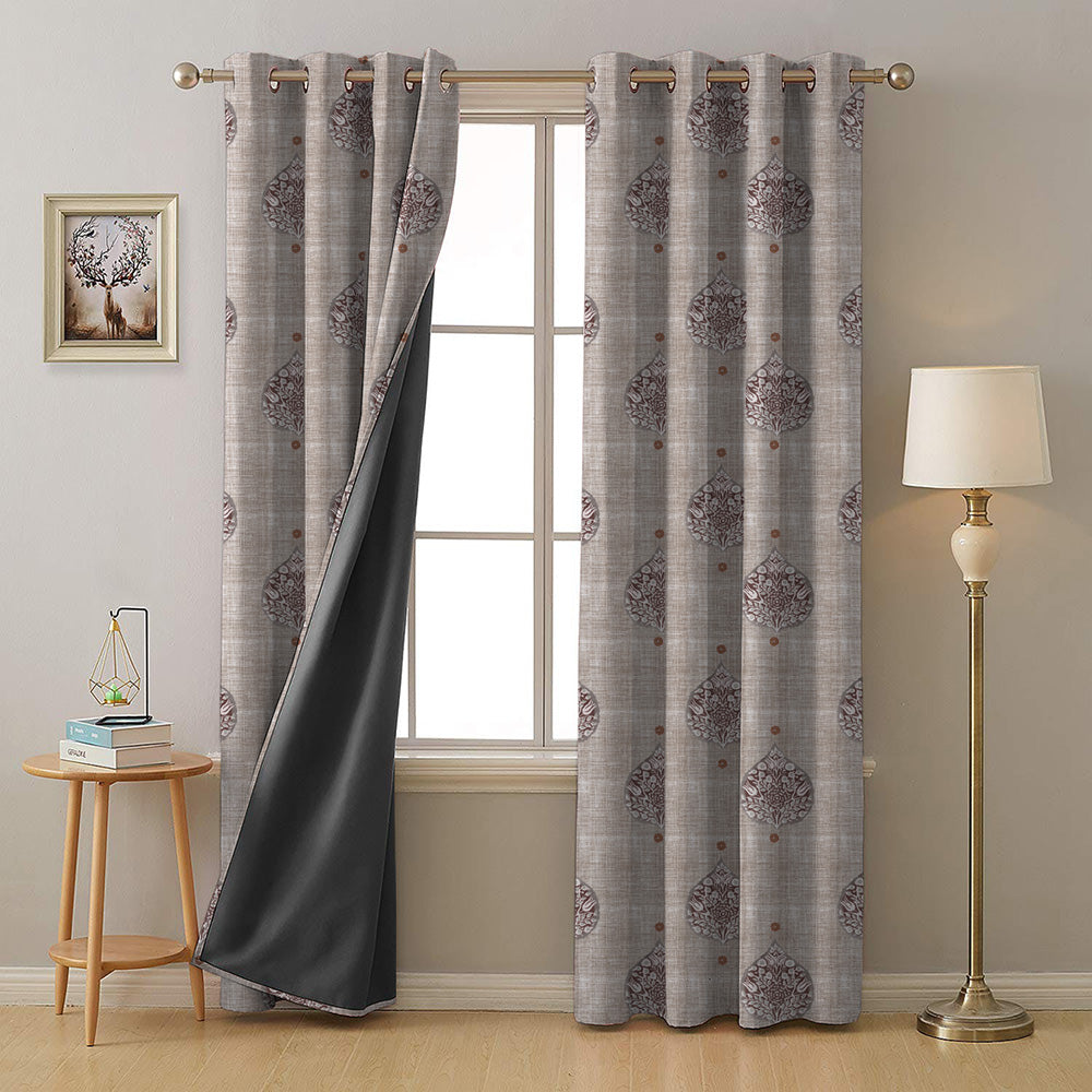 Leafy Charms Indie Wine Heavy Satin Room Darkening Curtains Set Of 2 - (DS347C)