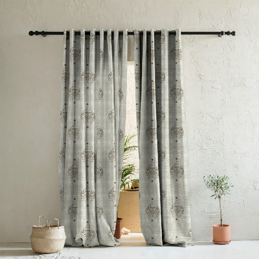 Leafy Charms Indie Sage Green Heavy Satin Room Darkening Curtains Set Of 2 - (DS347D)