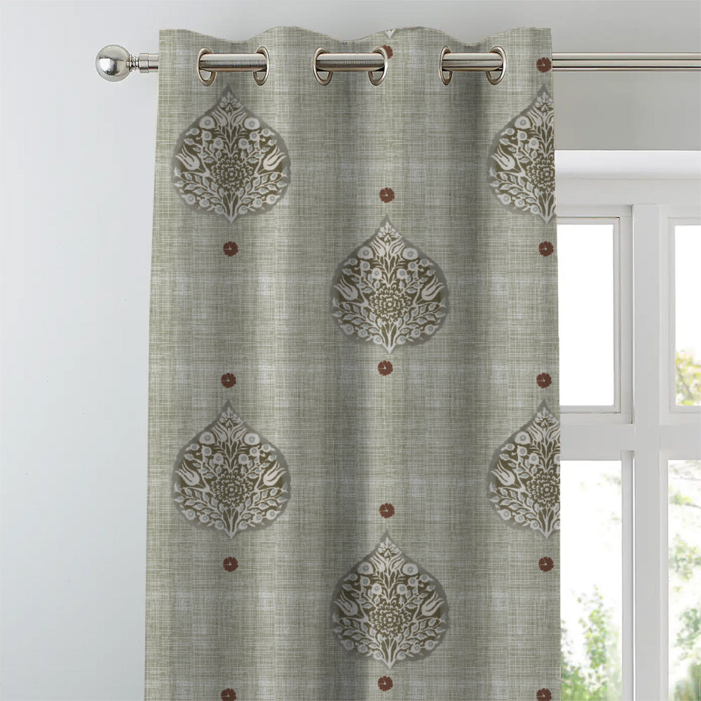 Leafy Charms Indie Sage Green Heavy Satin Room Darkening Curtains Set Of 2 - (DS347D)