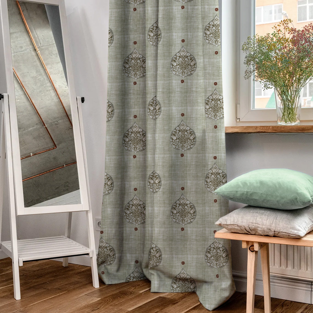 Leafy Charms Indie Sage Green Heavy Satin Room Darkening Curtains Set Of 2 - (DS347D)