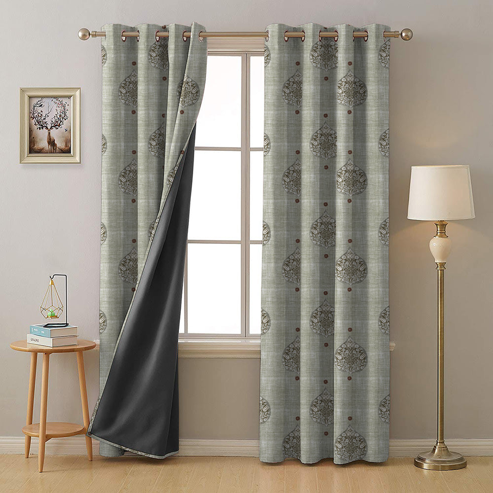 Leafy Charms Indie Sage Green Heavy Satin Room Darkening Curtains Set Of 2 - (DS347D)