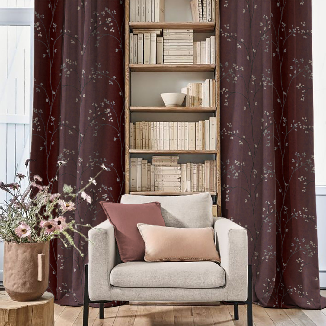 Mini Floral Trellis Floral Maroon Heavy Satin Room Darkening Curtains Set Of 2 - (DS357B)