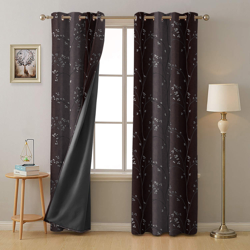 Mini Floral Trellis Floral Chocolate Brown Heavy Satin Room Darkening Curtains Set Of 2 - (DS357C)