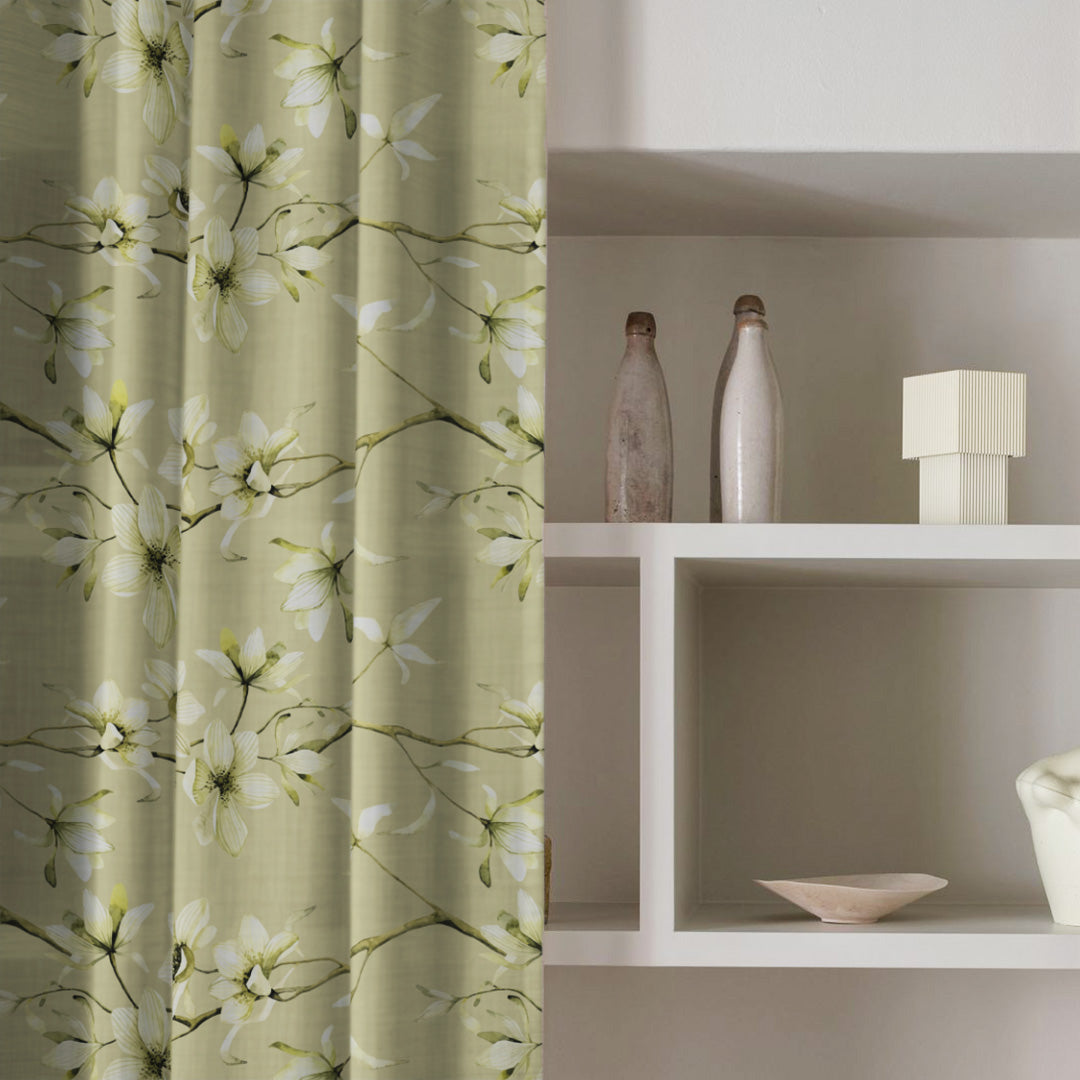 Blossoming Vines Floral Tea Green Heavy Satin Room Darkening Curtains Set Of 2 - (DS367B)