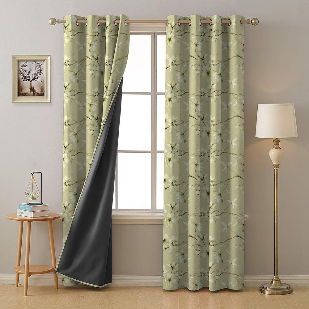 Blossoming Vines Floral Tea Green Heavy Satin Room Darkening Curtains Set Of 2 - (DS367B)