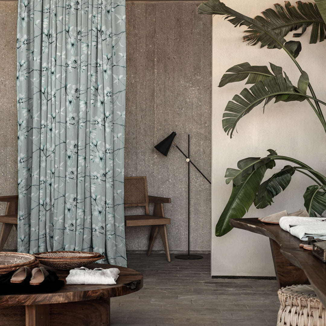 Blossoming Vines Floral Pastel Blue Heavy Satin Room Darkening Curtains Set Of 2 - (DS367E)
