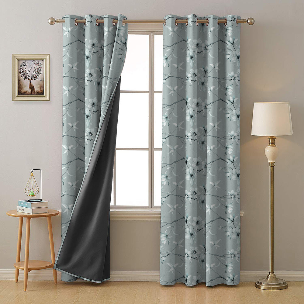 Blossoming Vines Floral Pastel Blue Heavy Satin Room Darkening Curtains Set Of 2 - (DS367E)