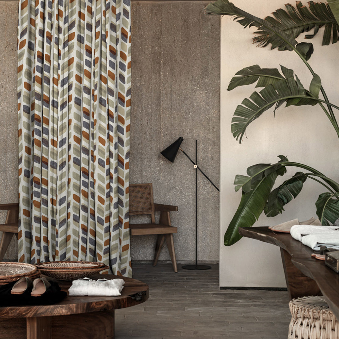 Abstract Cubes Geometric Brown Heavy Satin Room Darkening Curtains Set Of 2 - (DS395D)