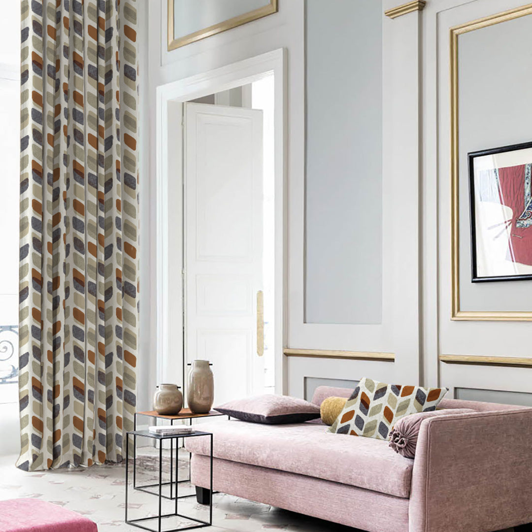 Abstract Cubes Geometric Brown Heavy Satin Room Darkening Curtains Set Of 2 - (DS395D)