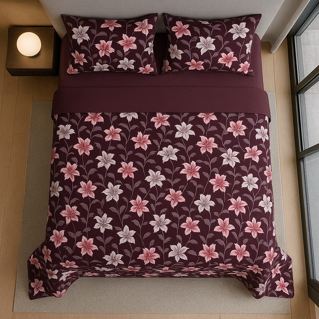 Purple Floral Print / Pure Cotton King Size Bedsheet - Super Furnishing