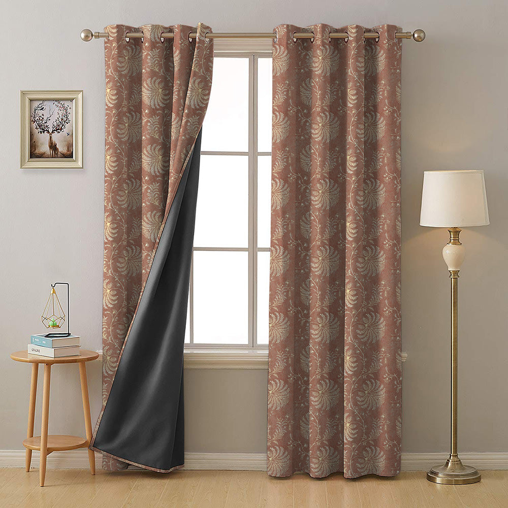 Vines of Heritage Indie Orange Heavy Satin Room Darkening Curtains Set Of 2 - (DS409A)